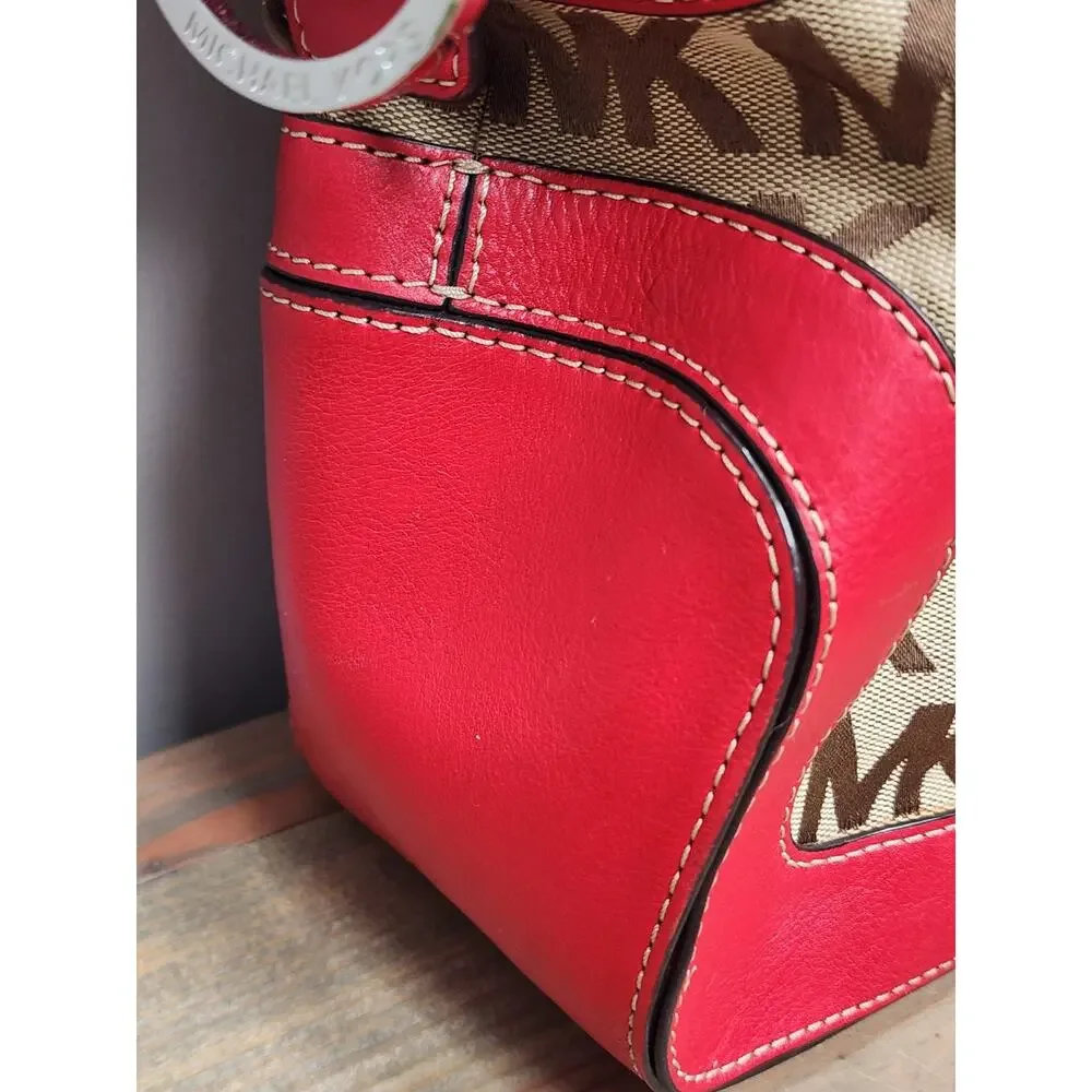 Preowned Michael Kors Brookville Burgundy And Beige Large Shoulder Bag Purse